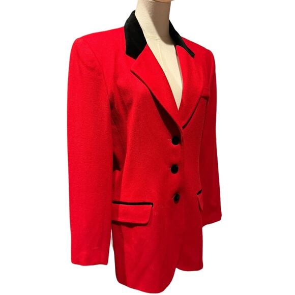 Vintage 90’s David N Red Wool Fitted Blazer with Black Velvet trim size medium - Picture 3 of 10